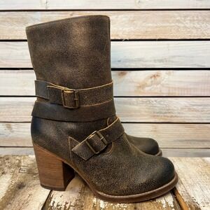 Leather Buckle Moto Boots Brown Stacked Heel Ankle Boots 7.5 Charles David